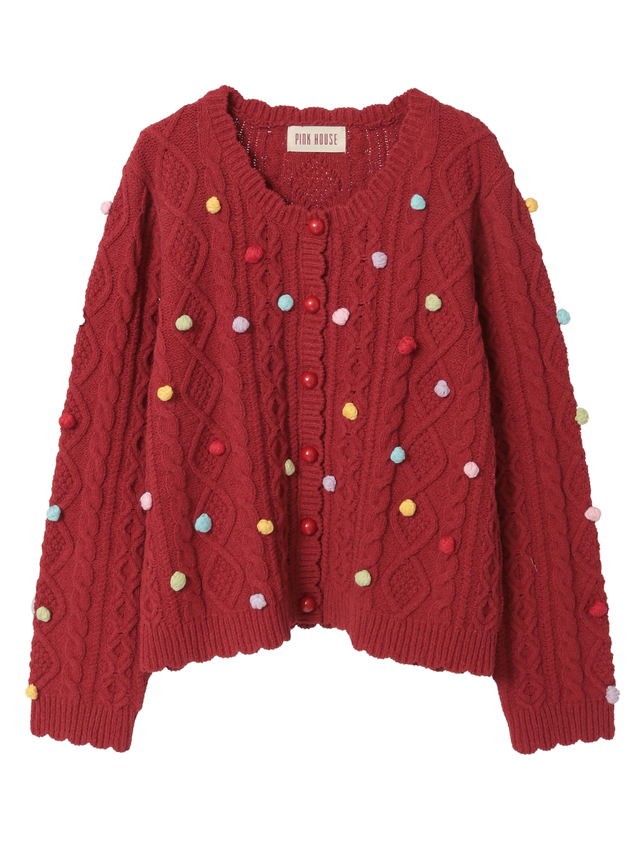 カラフルポップル付きニットカーディガン 詳細画像 アカ 1