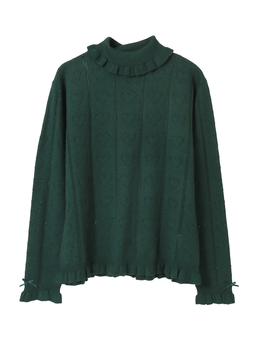 ハート透かし柄タートルニット 詳細画像 グリーン 1