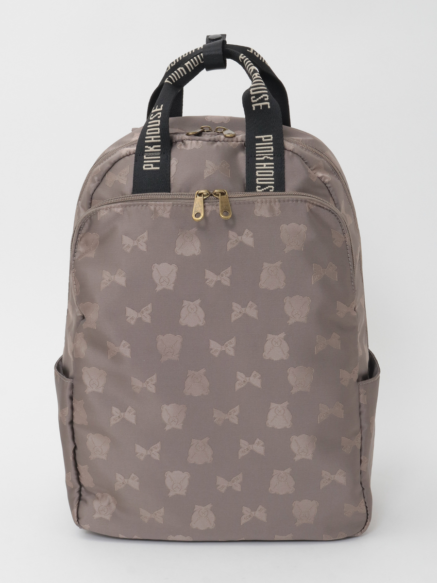 顔くま＆リボン柄ポリエステルジャガードリュックサック 詳細画像 ベージュ 1