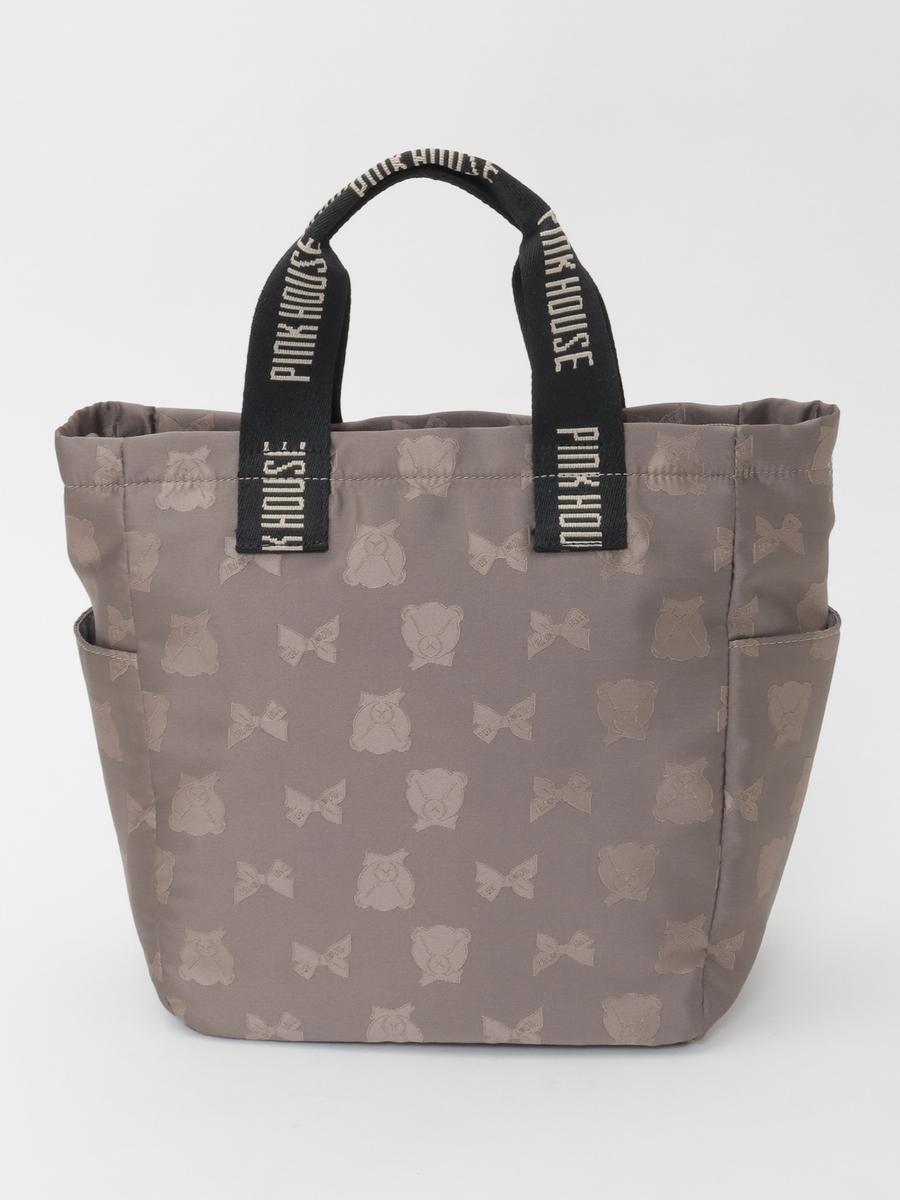 顔くま＆リボン柄ポリエステルジャガードバッグ 詳細画像 ベージュ 1