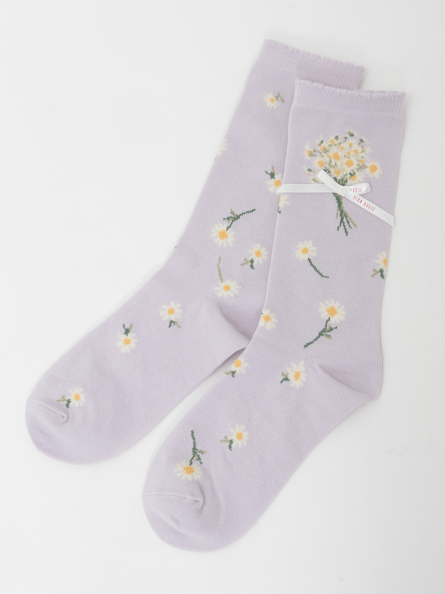 マーガレットブーケ柄ソックス 詳細画像 クロ 2