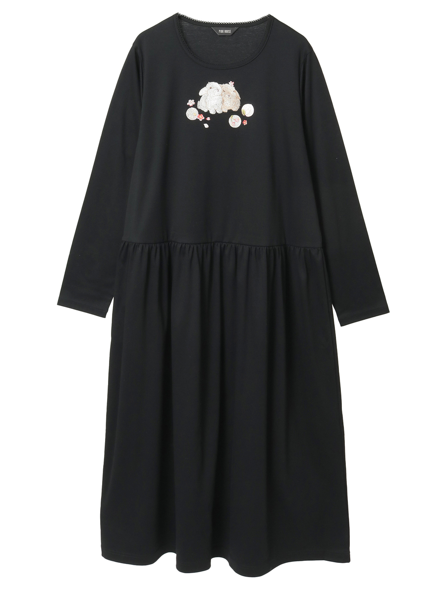 ピンクハウス うさちゃん柄 ハートうさちゃん刺繍ワッペン タブリエ付きワンピース ピンクハウス うさちゃん柄 ハートうさちゃん刺繍ワッペン タブリエ