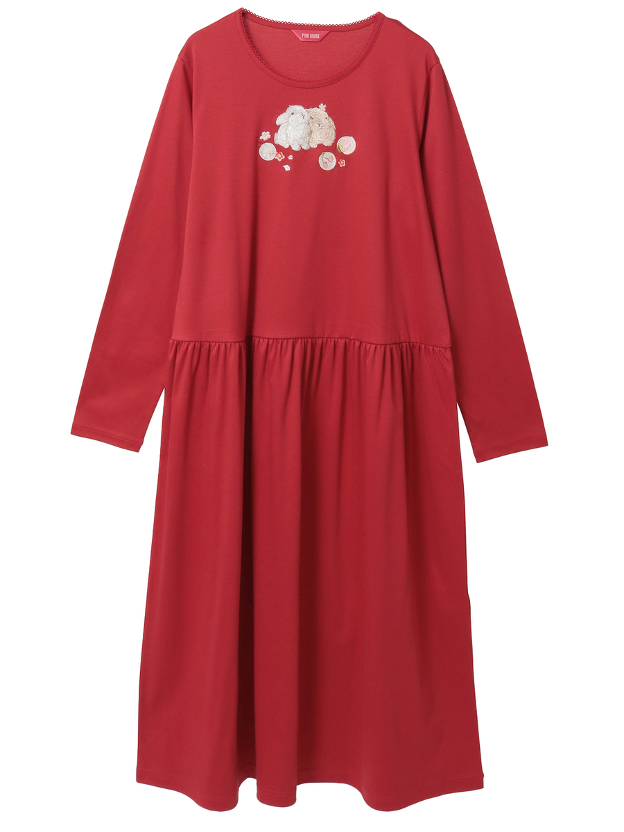 幸見うさぎ刺繍スムースワンピース 詳細画像 アカ 1