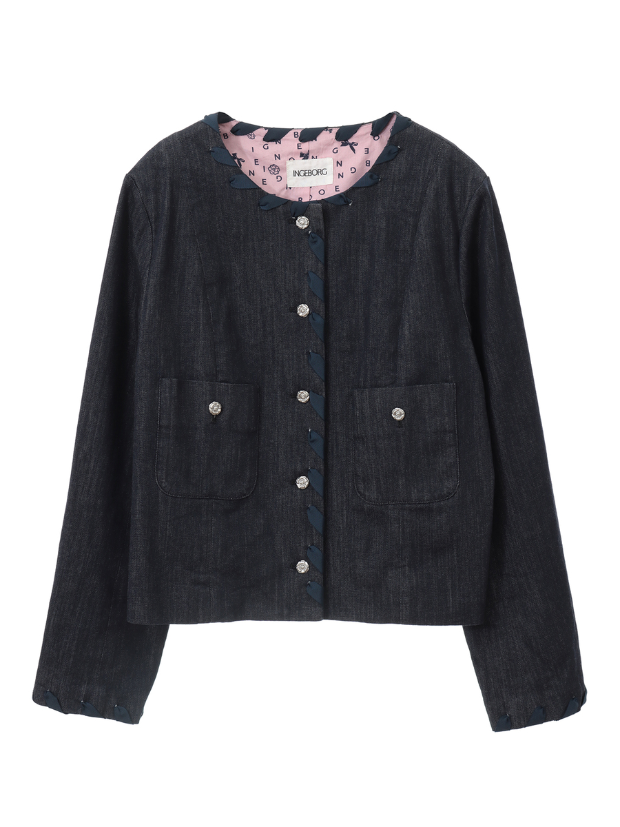 【OUTLET】デニムノーカラージャケット 詳細画像 インディゴ&times;ピンク 1