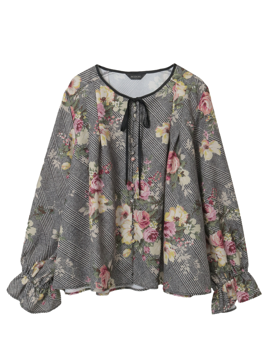 チェックブーケpt.ブラウス 詳細画像 クロ 1