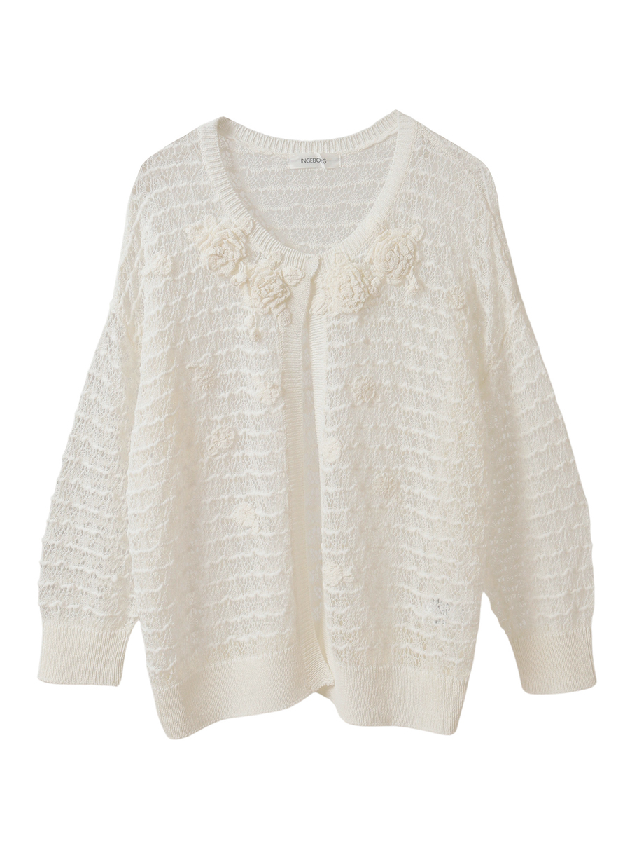 モチーフ付き透かし編みカーディガン 詳細画像 オフ 1