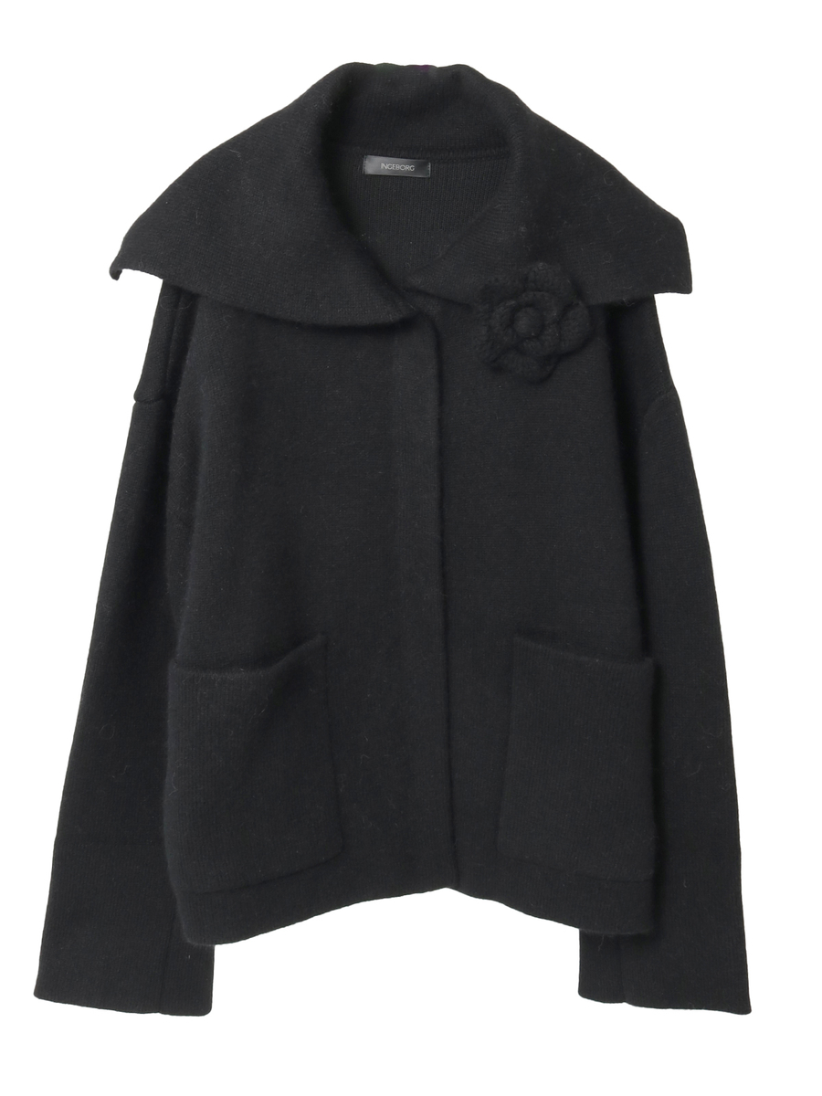 フラワーモチーフ付きニットコート 詳細画像 クロ 1