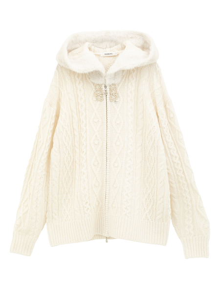 アラン編みフーディカーディガン