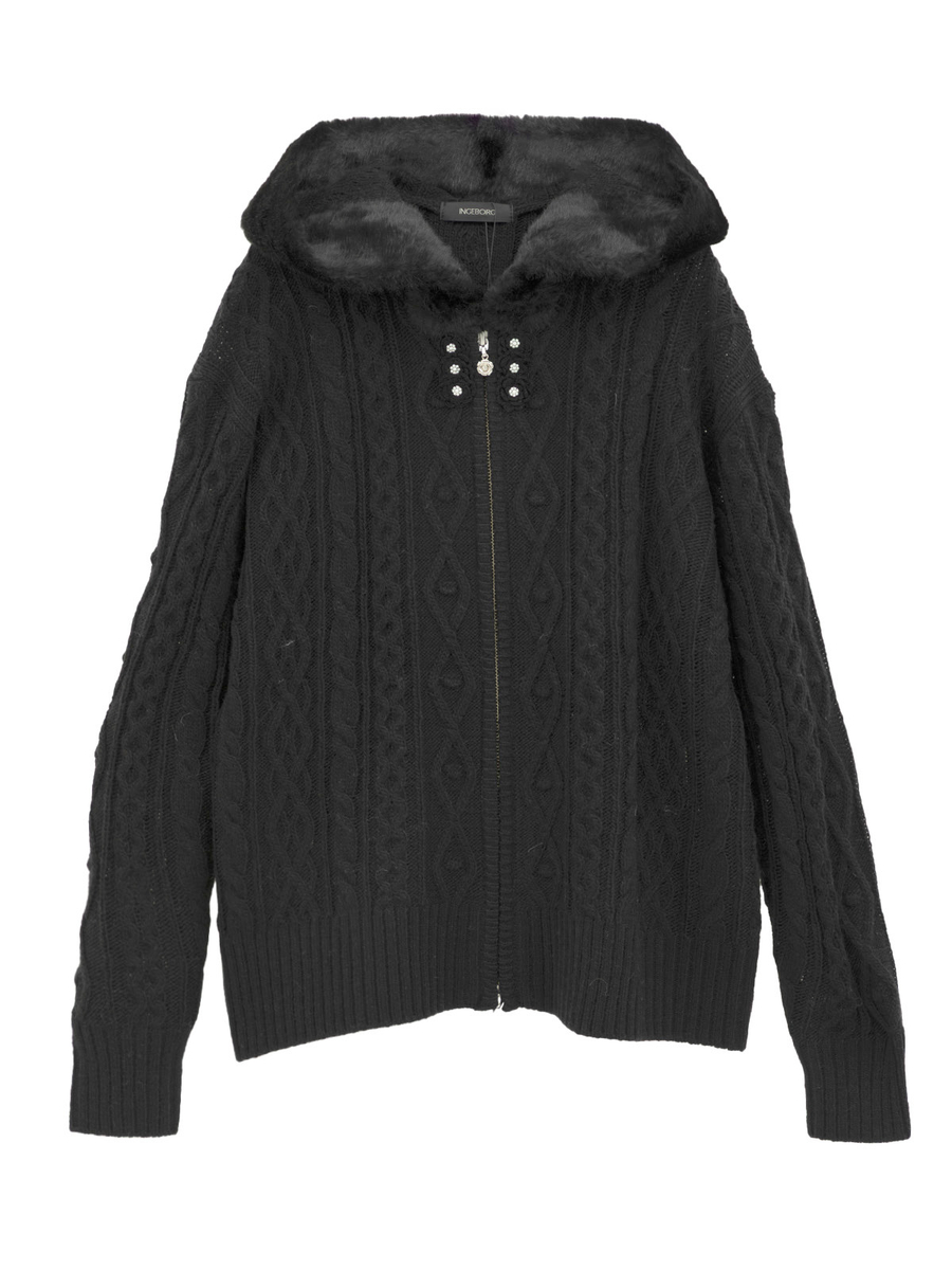 アラン編みフーディカーディガン 詳細画像 クロ 1