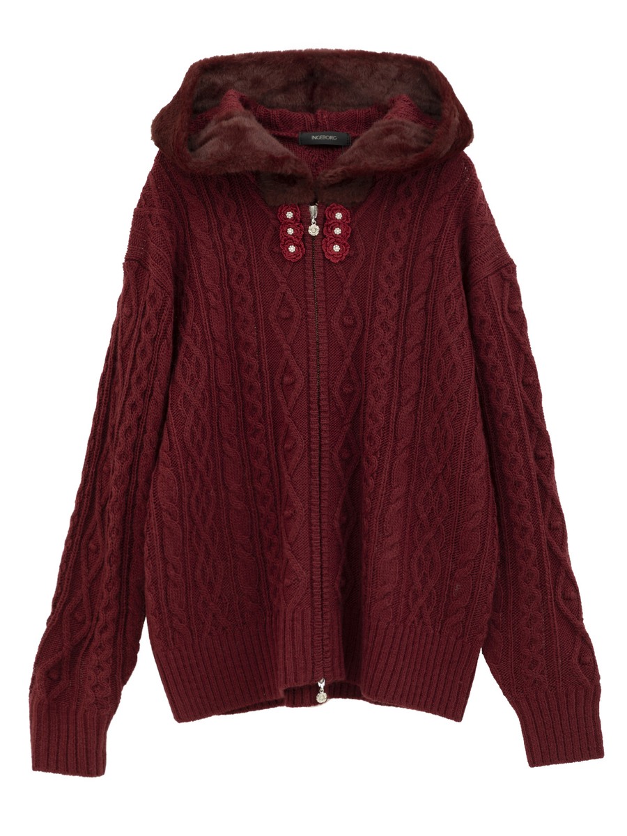 アラン編みフーディカーディガン 詳細画像 ワイン 1