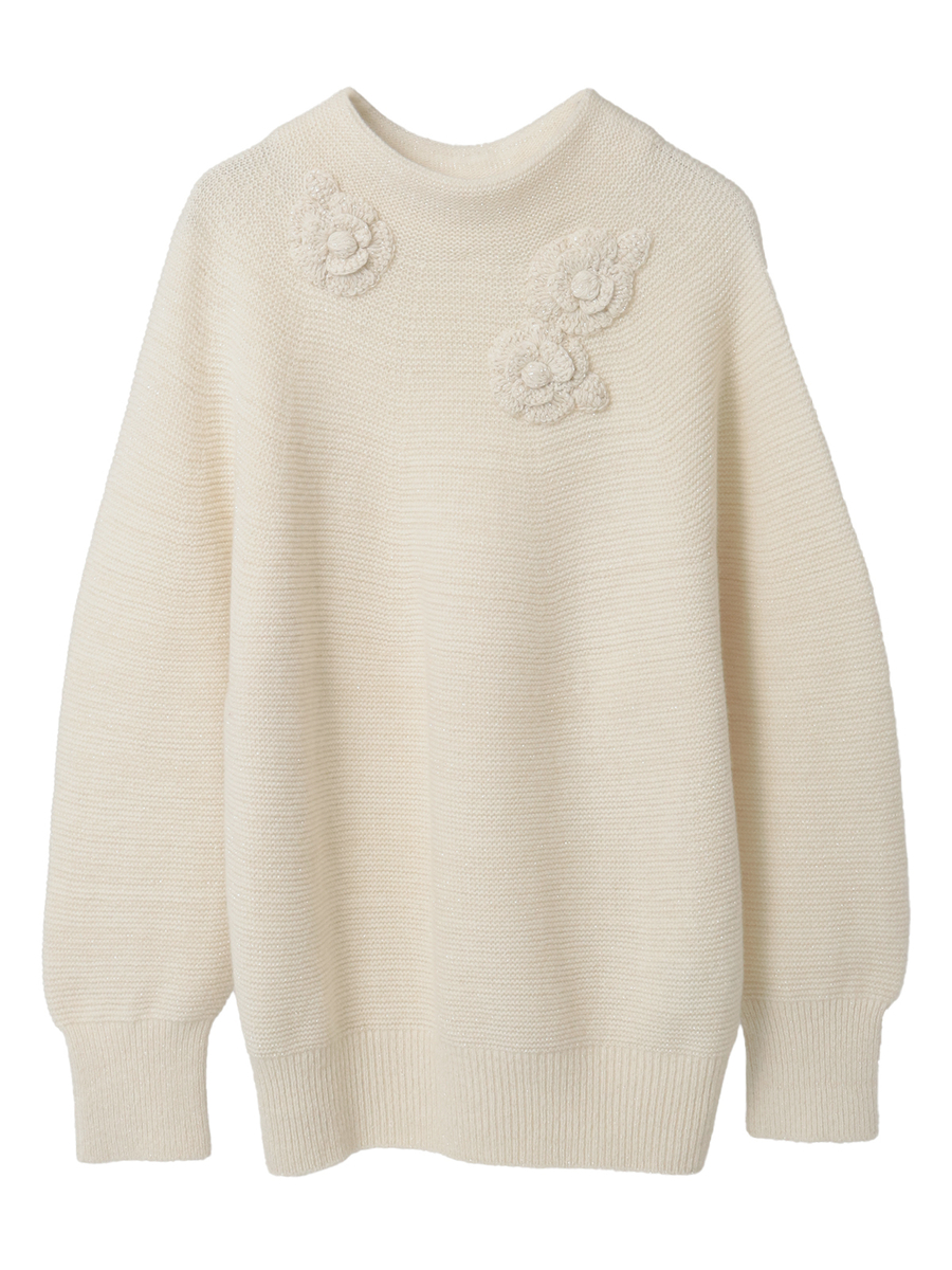 フラワーモチーフ付きボトルネックニット 詳細画像 オフ 1