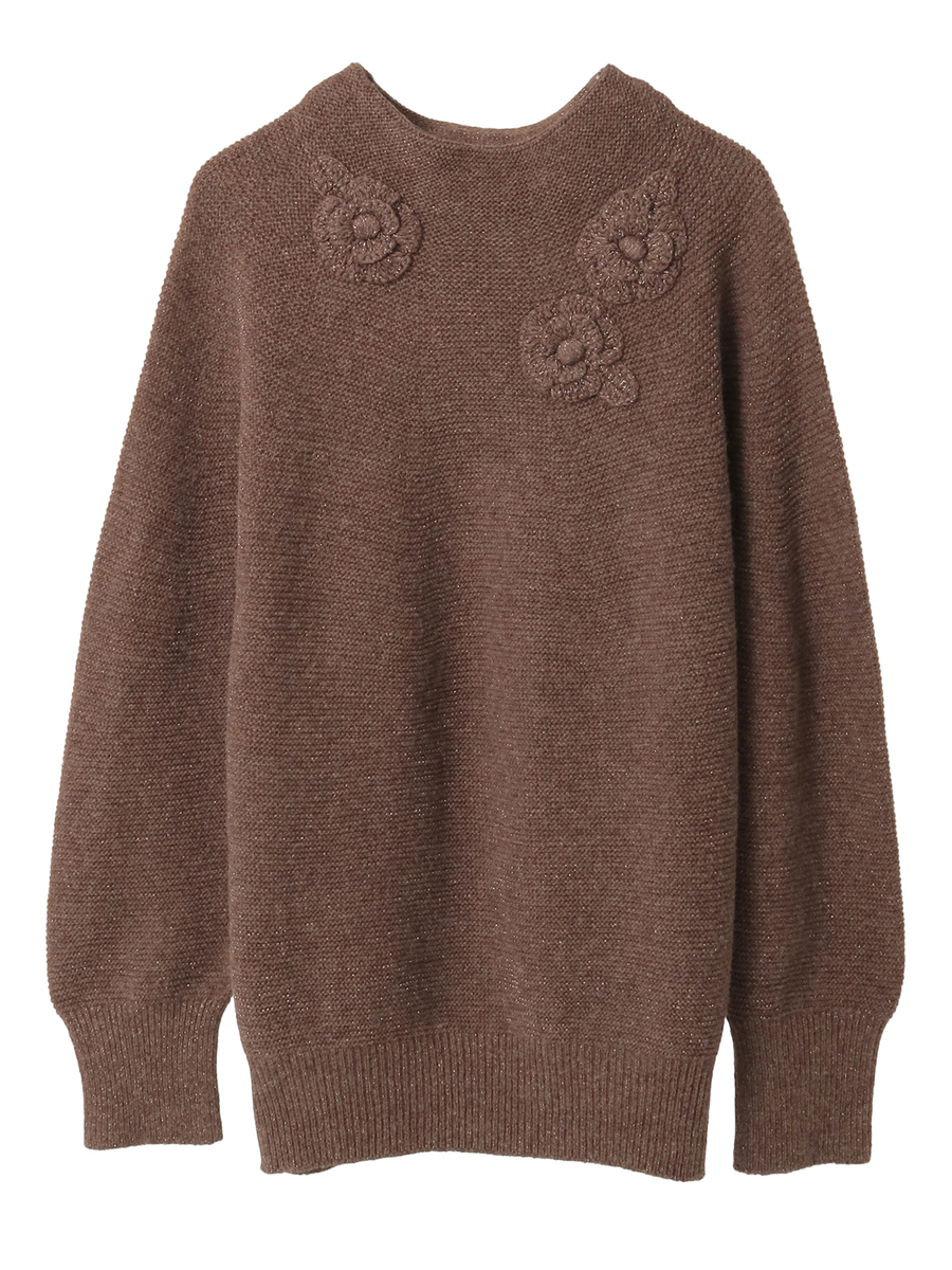 フラワーモチーフ付きボトルネックニット 詳細画像 ブラウン 1