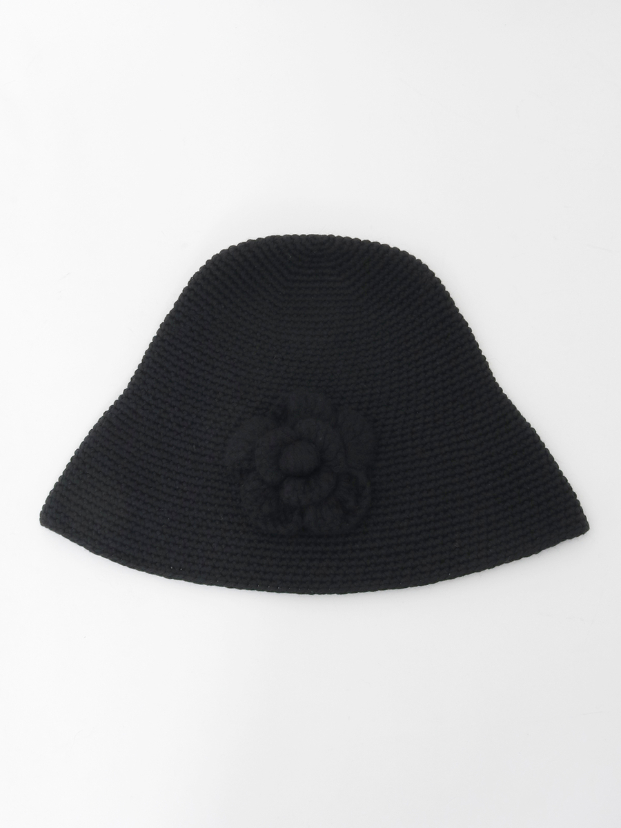 フラワーモチーフ付きニット帽 詳細画像 クロ 1