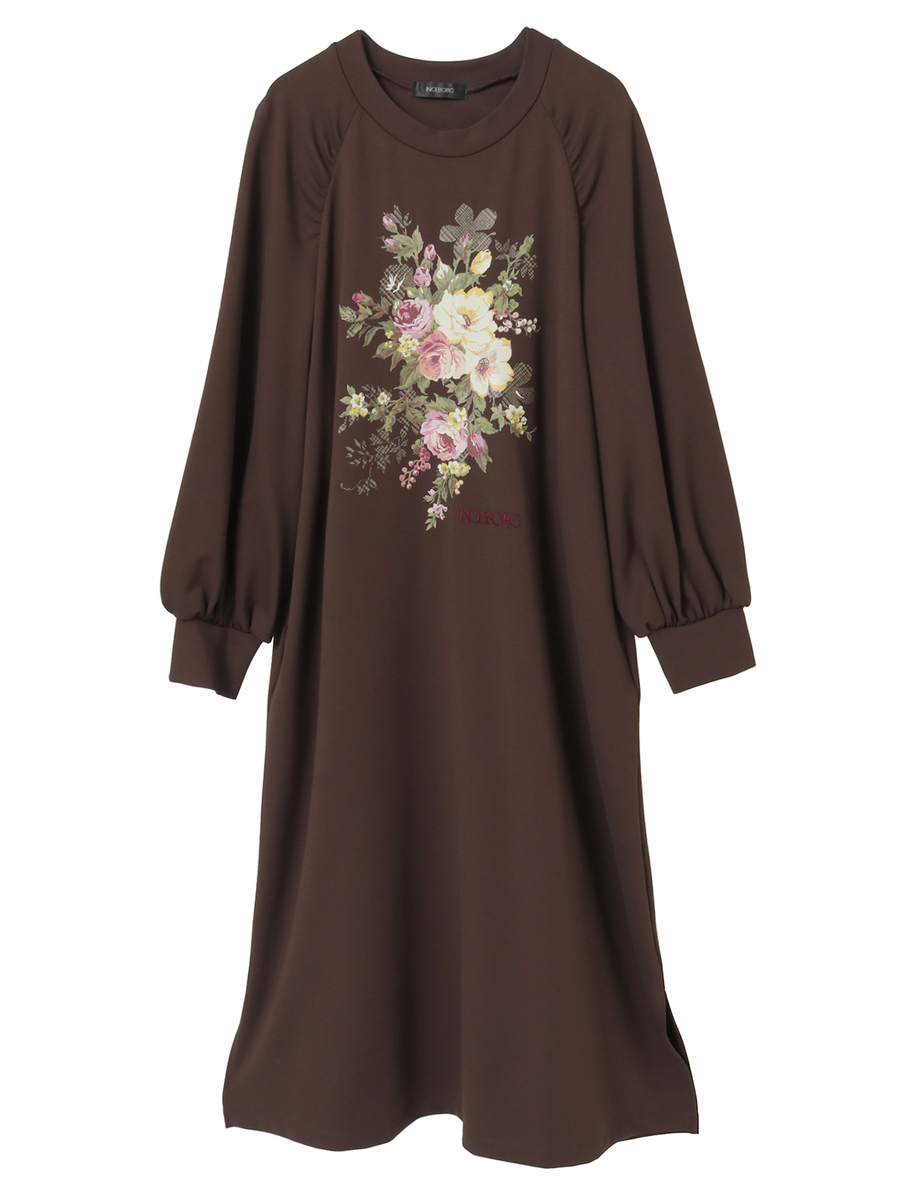 チェックブーケワンポイントpt.カットソーワンピース 詳細画像 ブラウン 1