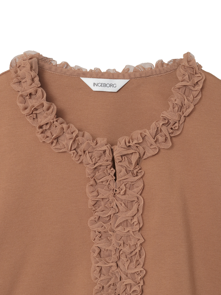 チュールアクセントノーカラーカーディガン 詳細画像 キャラメル 3