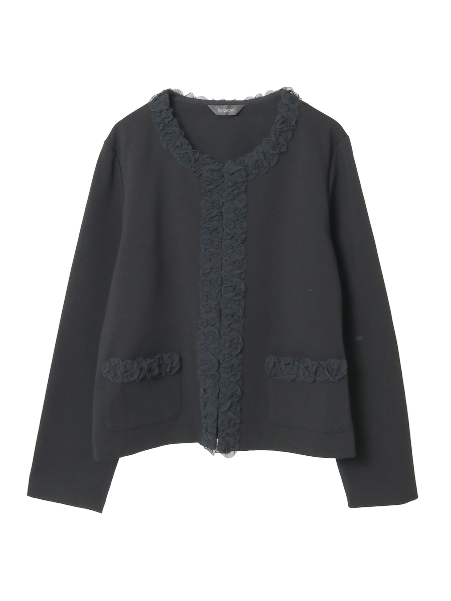 チュールアクセントノーカラーカーディガン 詳細画像 クロ 1