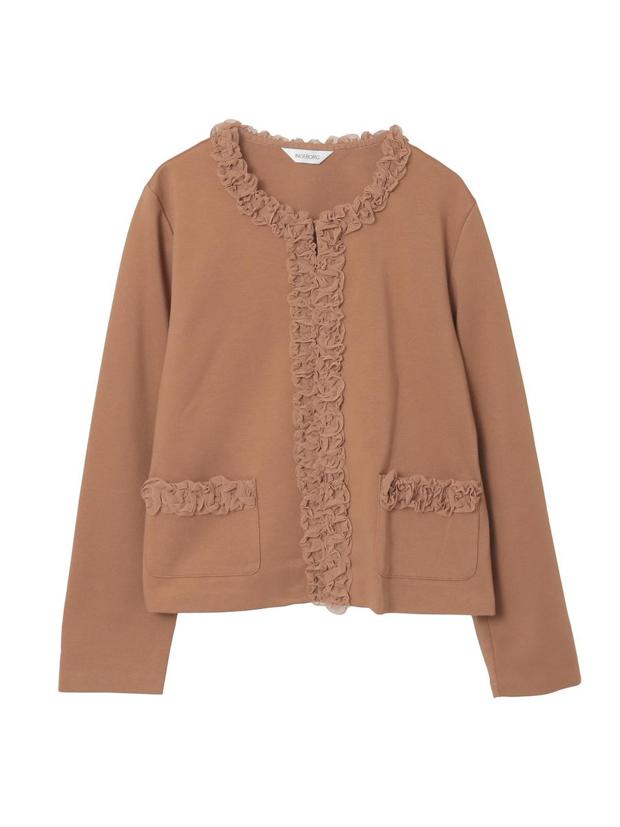 チュールアクセントノーカラーカーディガン 詳細画像 キャラメル 1