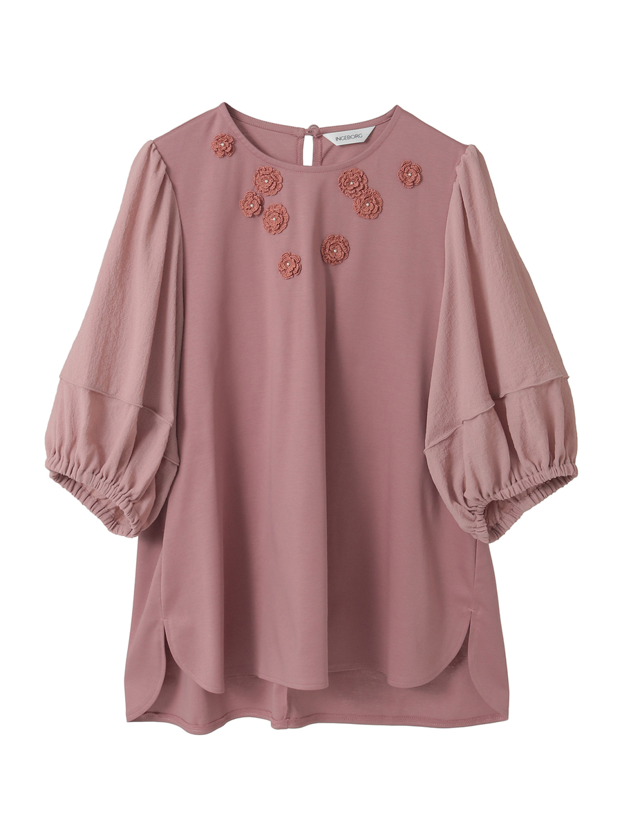 フラワーモチーフ付きボリュームスリーブカットソー 詳細画像 オフ 1