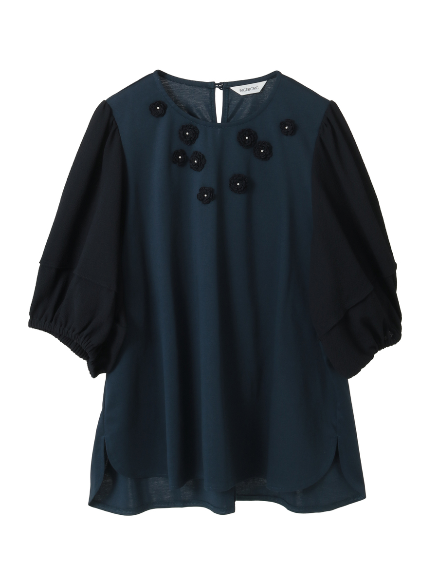 フラワーモチーフ付きボリュームスリーブカットソー 詳細画像 ネイビー 1