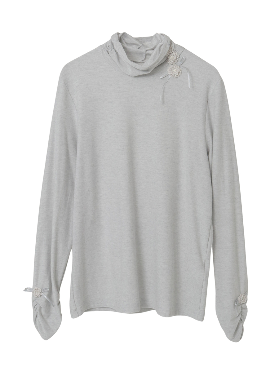 フラワーモチーフ付きタートルネックカットソー 詳細画像 ベージュ 1