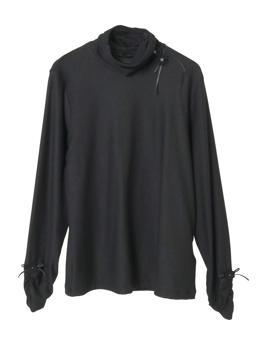 フラワーモチーフ付きタートルネックカットソー 詳細画像 クロ 1