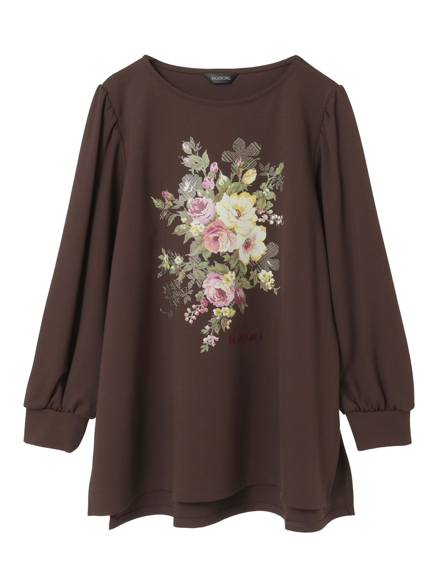 【OUTLET】チェックブーケワンポイントpt.カットソー 詳細画像 ブラウン 1