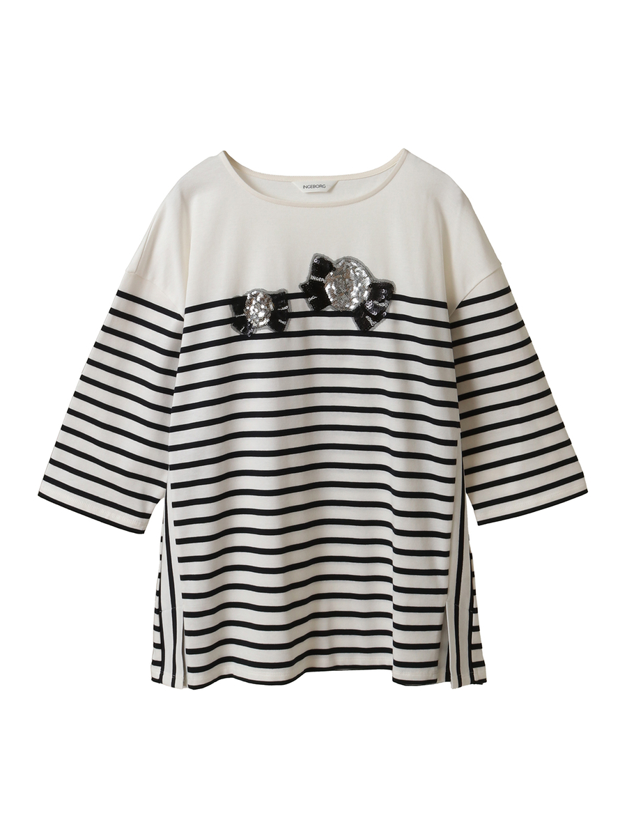 『雨を楽しむ』カメリアリボンモチーフ付きボーダーカットソー 詳細画像 オフ&times;クロ 1