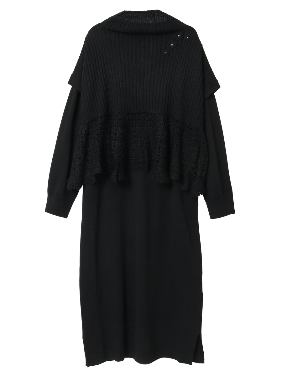ポンチョ付きニットワンピース 詳細画像 クロ 1