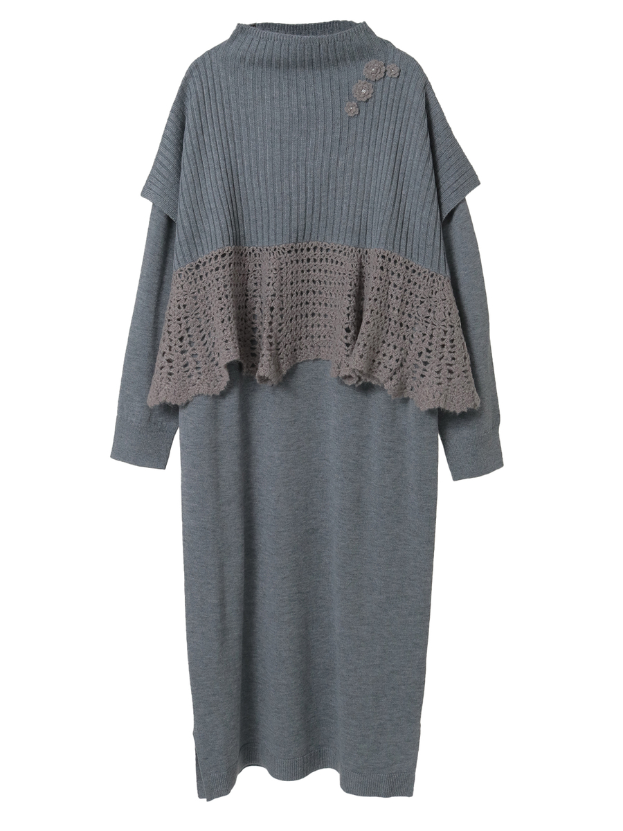 ポンチョ付きニットワンピース 詳細画像 グレー 1
