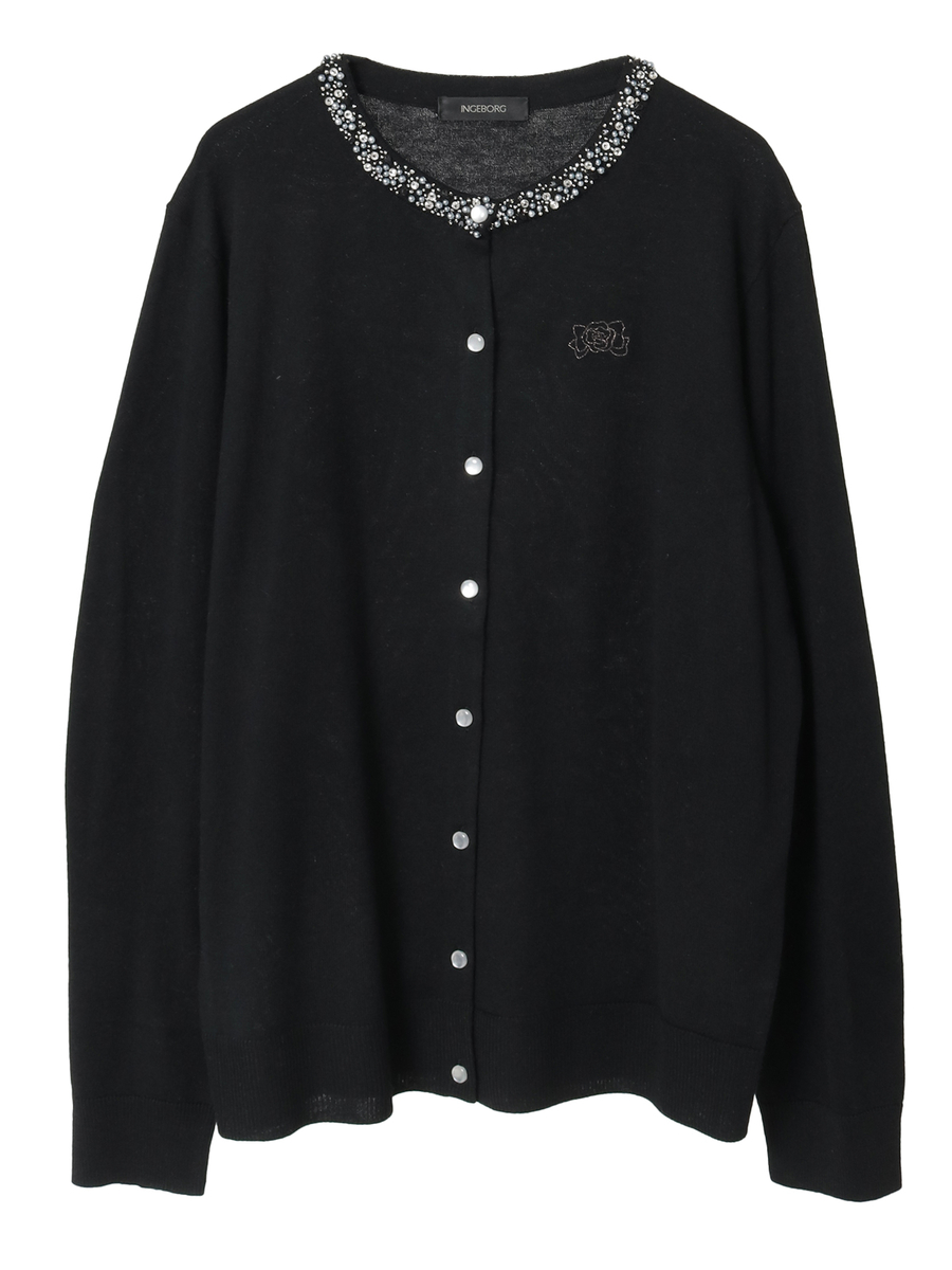 カメリアリボン刺繍入りニットカーディガン 詳細画像 クロ 1