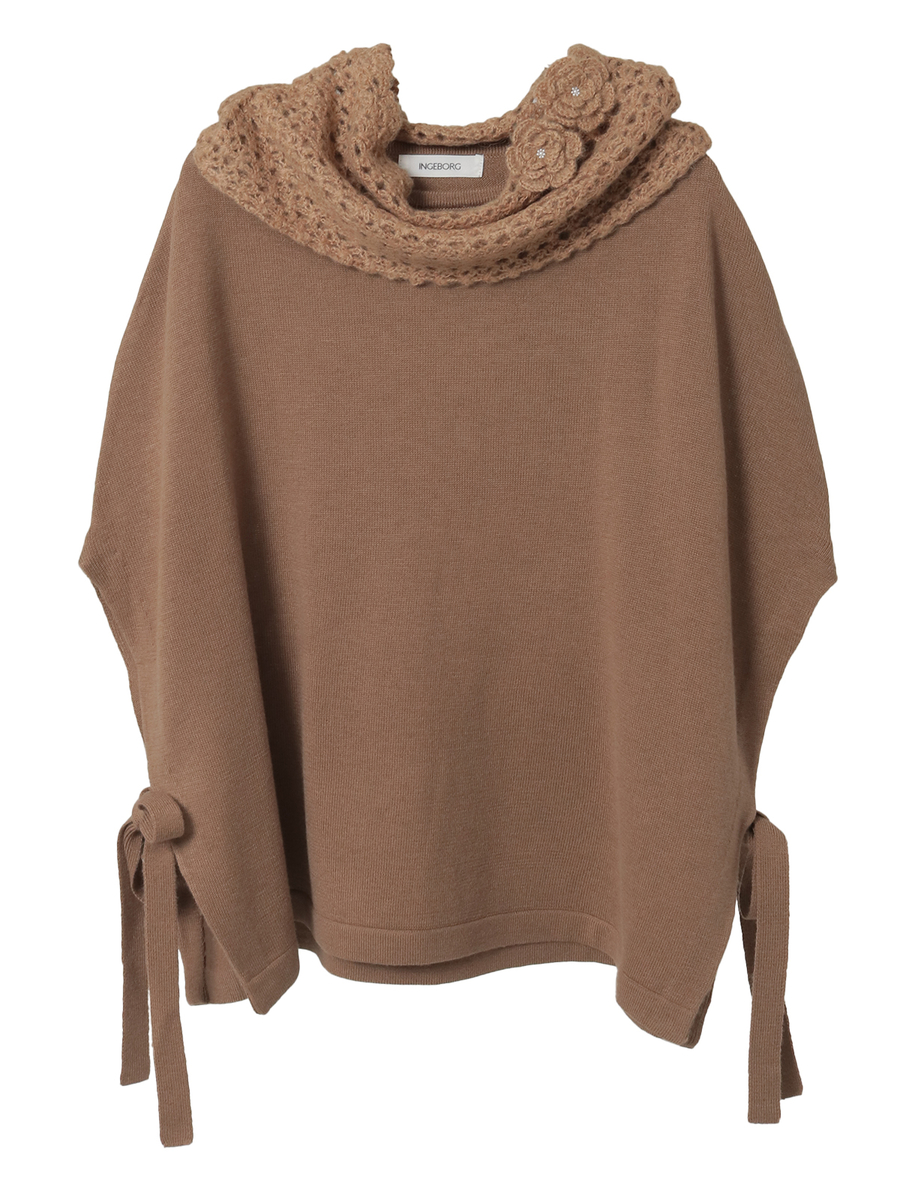 ネックウォーマー付きニットポンチョ 詳細画像 ベージュ 1