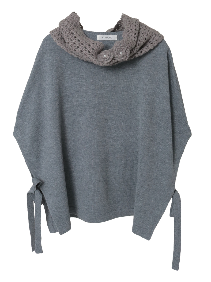 ネックウォーマー付きニットポンチョ 詳細画像 グレー 1