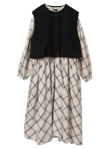 【HAPPY ITEM】ボアベスト×コットンチェックワンピース