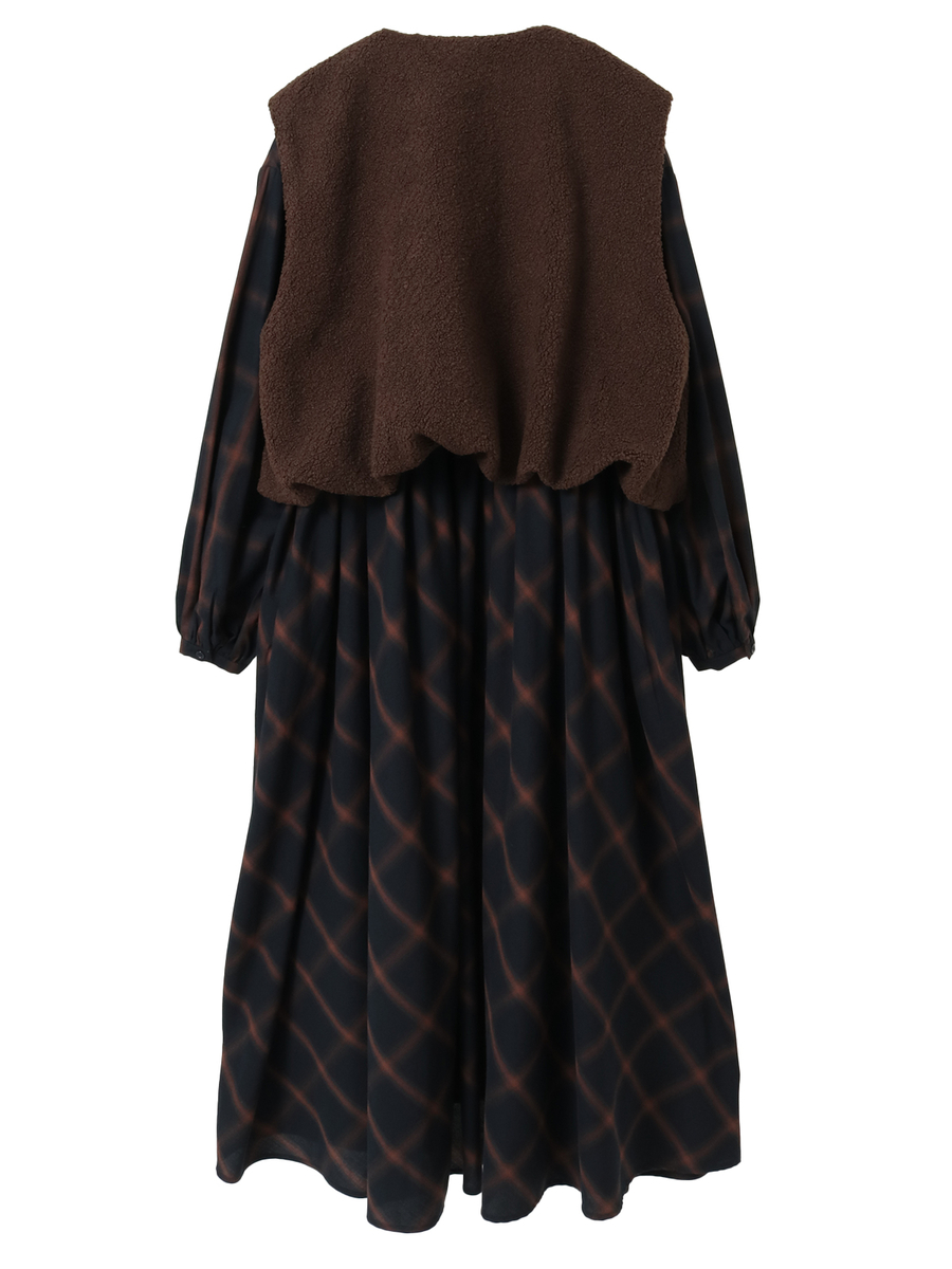 【HAPPY ITEM】ボアベスト&times;コットンチェックワンピース 詳細画像 クロ 2