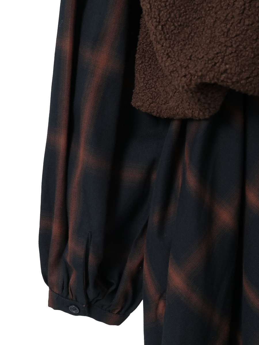 【HAPPY ITEM】ボアベスト&times;コットンチェックワンピース 詳細画像 クロ 5