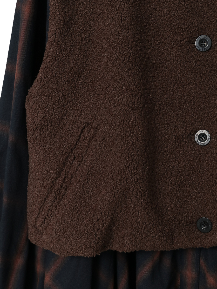 【HAPPY ITEM】ボアベスト&times;コットンチェックワンピース 詳細画像 クロ 6