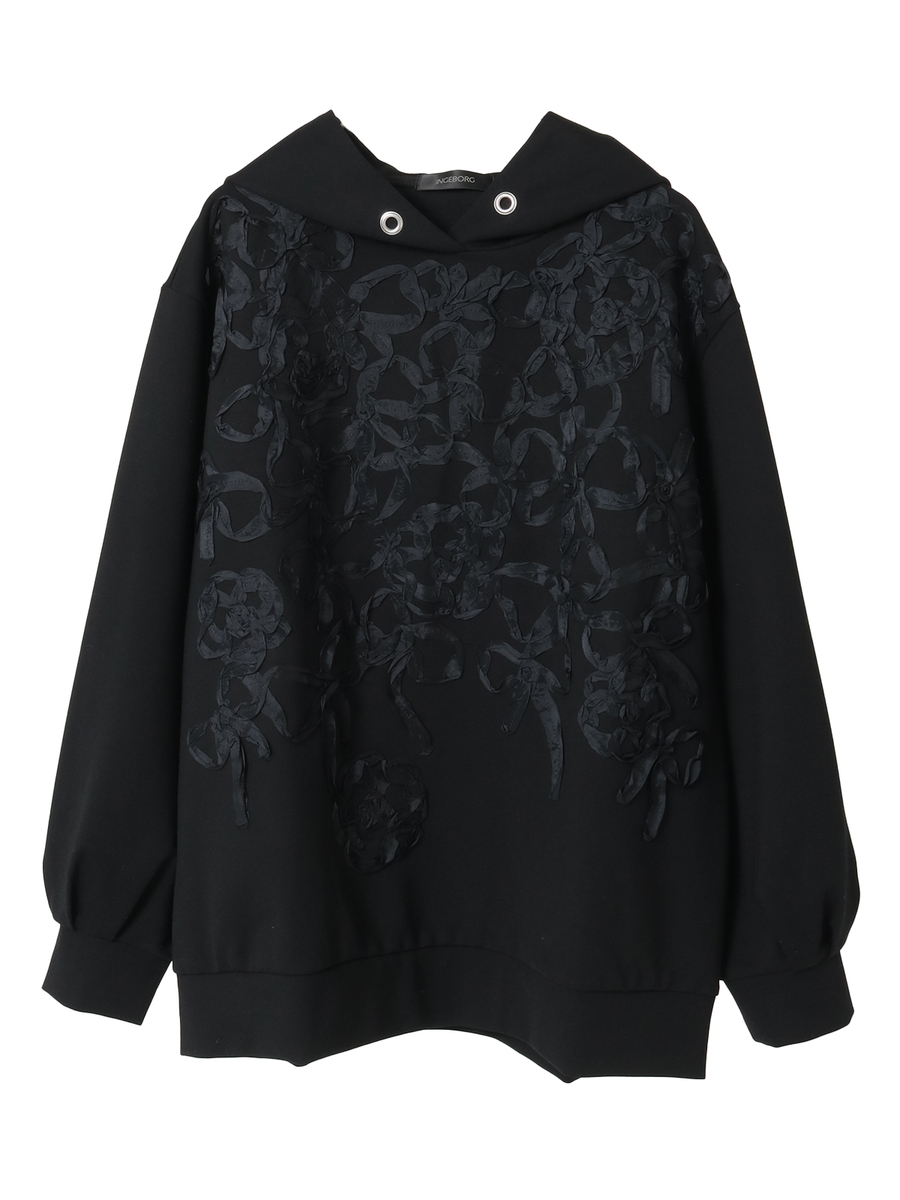 リボン刺繍カットソーフーディ 詳細画像 クロ 1