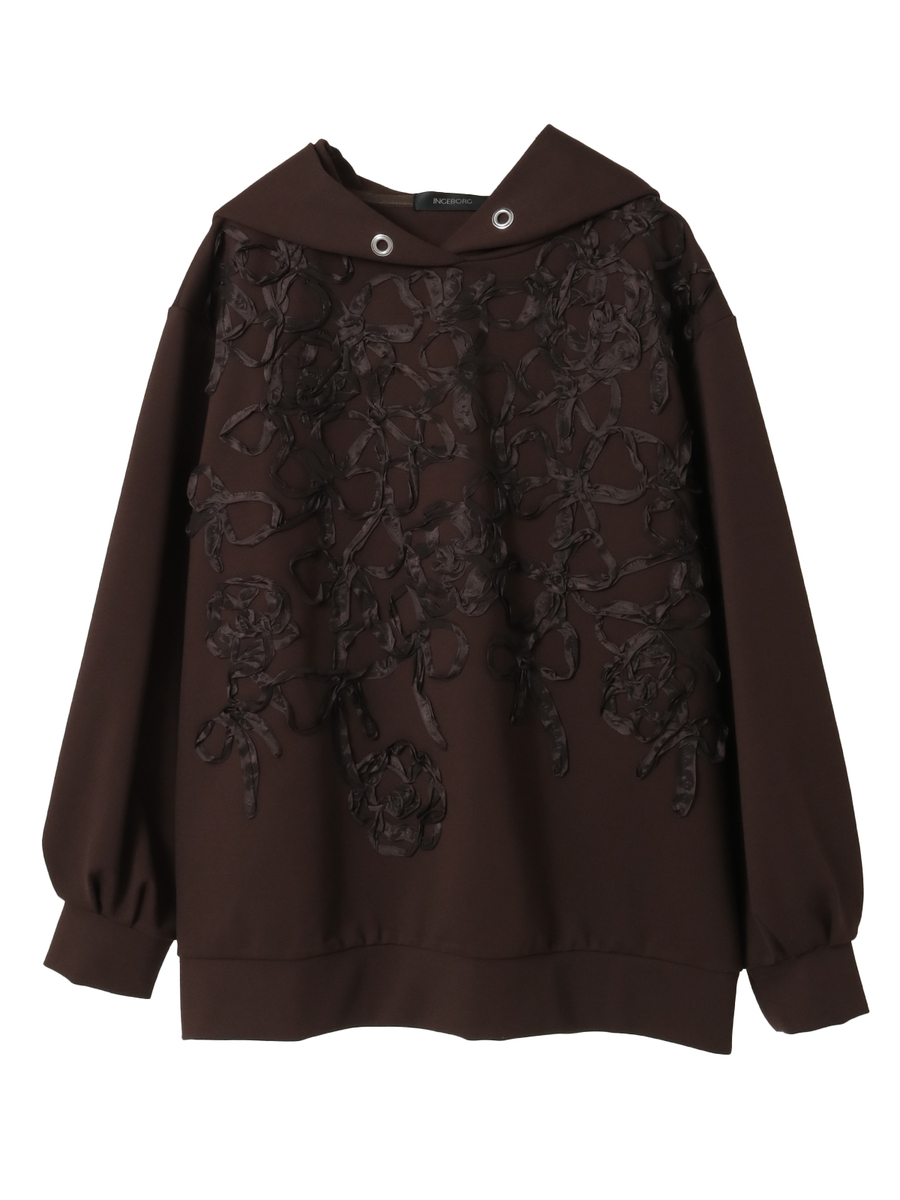 リボン刺繍カットソーフーディ 詳細画像 ブラウン 1