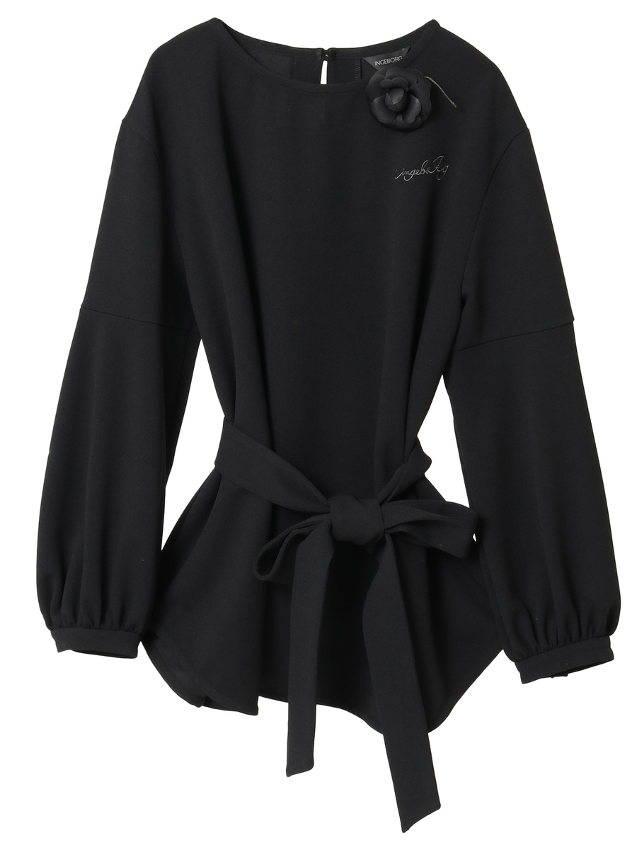 コサージュ付きロゴ刺繍入りカットソー 詳細画像 クロ 1