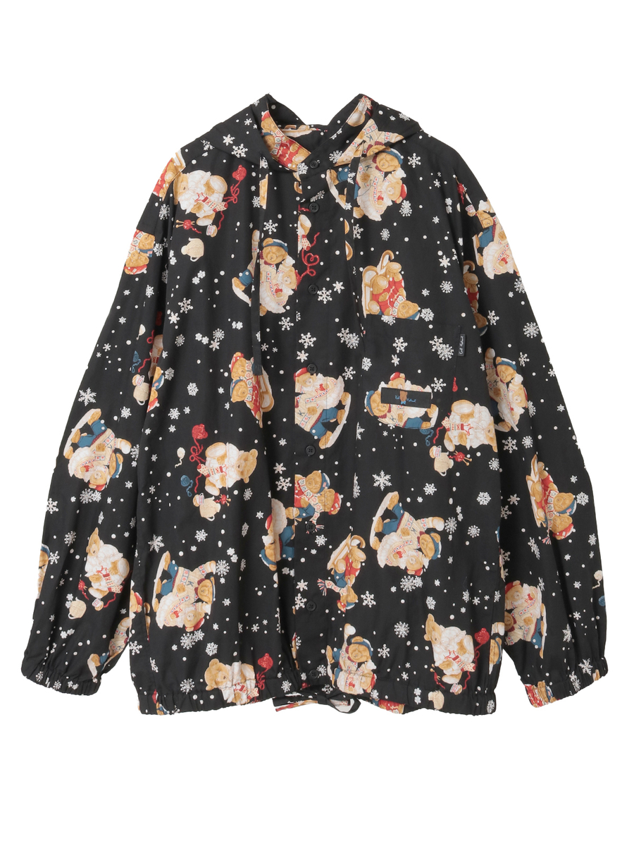 三つ子のくま冬支度プリントフードブラウス 詳細画像 クロ 1