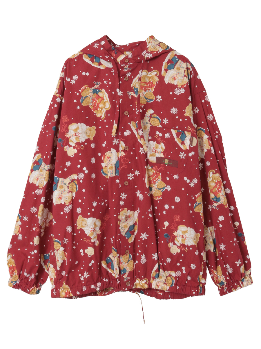 ピンクハウス フード付き 長袖ブラウス テディベア チェック 赤系 フリーサイズ 三つ子のくま冬支度プリントフードブラウス｜ピンクハウス