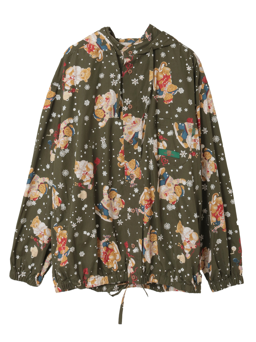 三つ子のくま冬支度プリントフードブラウス 詳細画像 カーキ 1
