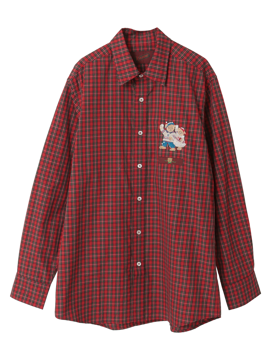 三つ子のくま冬支度刺繍タータンチェックシャツブラウス 詳細画像 アカ系 1