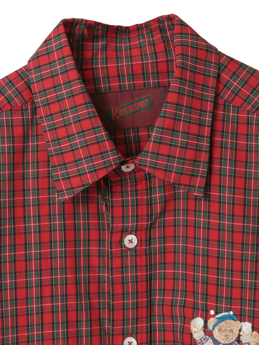 三つ子のくま冬支度刺繍タータンチェックシャツブラウス 詳細画像 アカ系 3