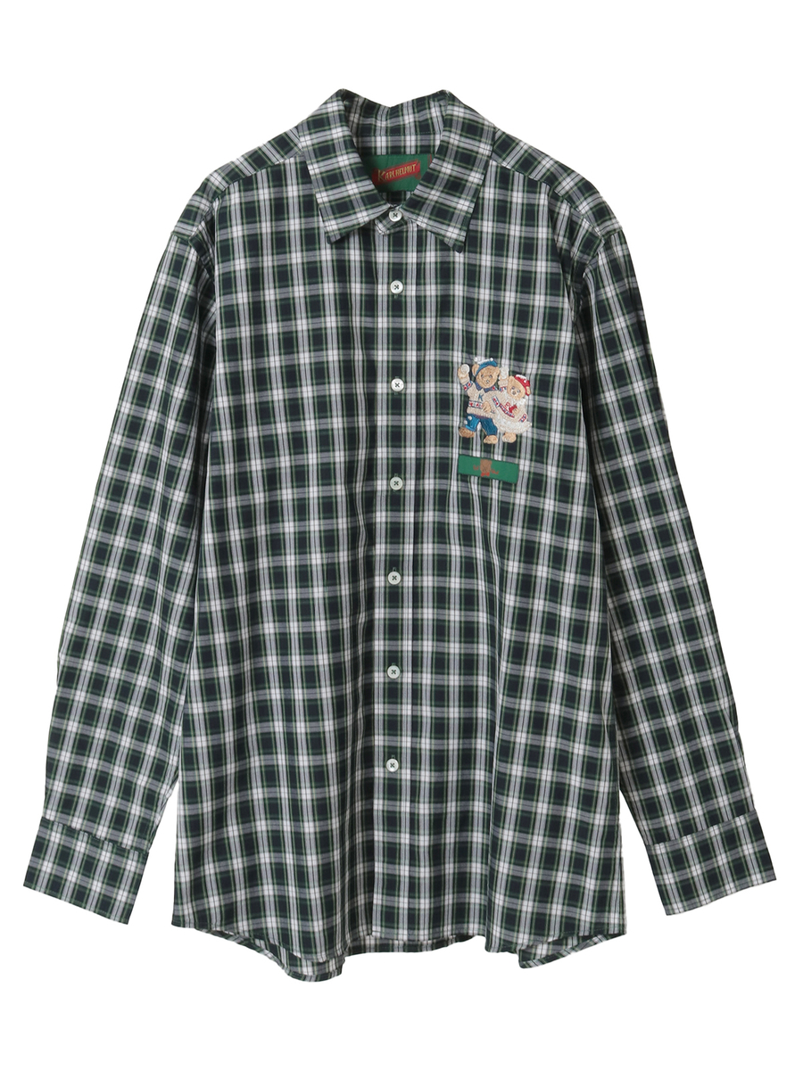 三つ子のくま冬支度刺繍タータンチェックシャツブラウス 詳細画像 グリーン系 1