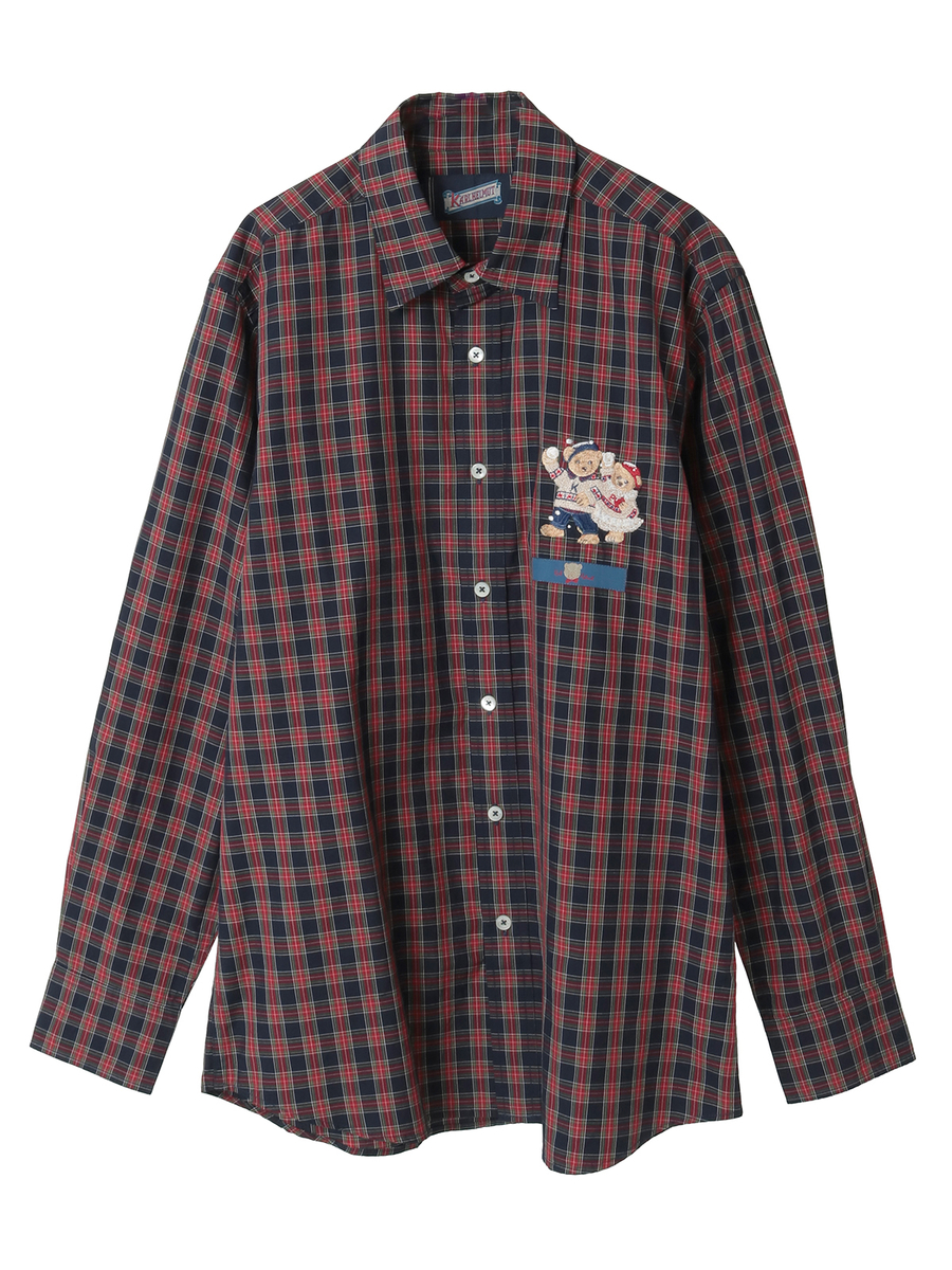 三つ子のくま冬支度刺繍タータンチェックシャツブラウス 詳細画像 コン系 1