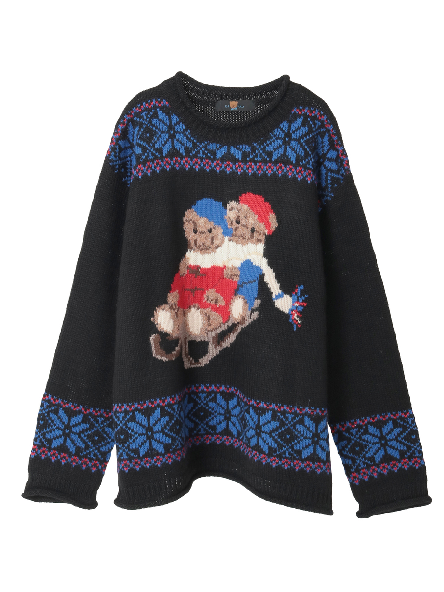 三つ子のくま冬支度柄ニット 詳細画像 クロ 1