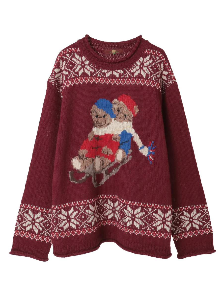 三つ子のくま冬支度柄ニット 詳細画像 アカ 1