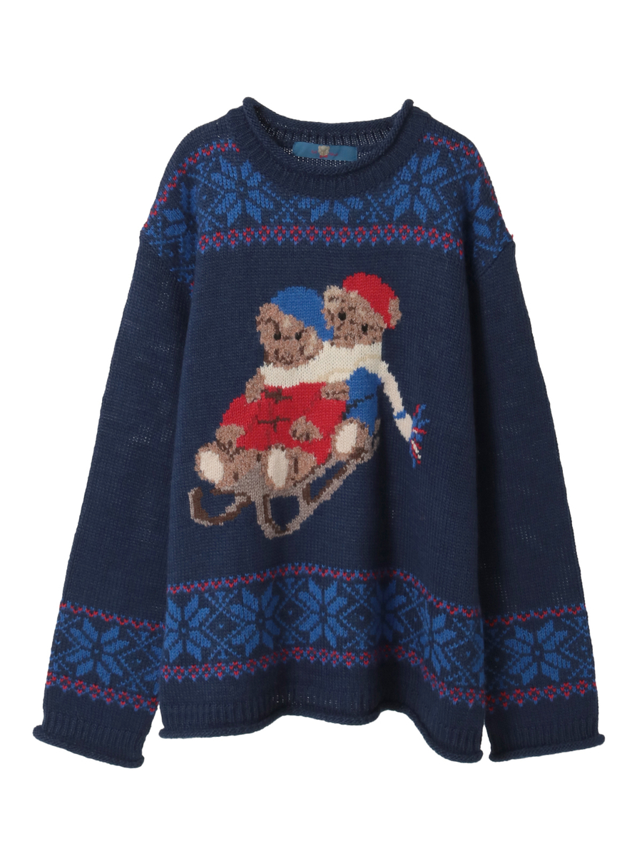三つ子のくま冬支度柄ニット 詳細画像 ネイビー 1