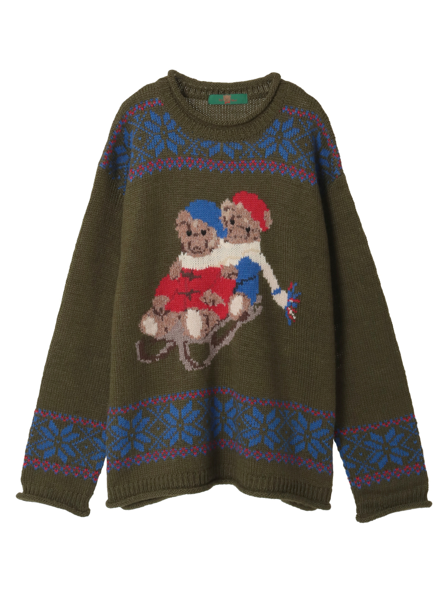 三つ子のくま冬支度柄ニット 詳細画像 カーキ 1